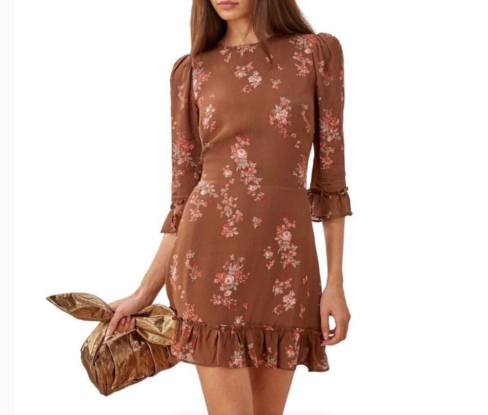 Reformation Doutzen Mini Dress Women's 0 Nona Brown Floral Ruffled Trim At Hem